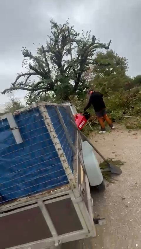 Jordan Ricardo en fin de chantier d’élagage, branches au sol devant la remorque de broyage